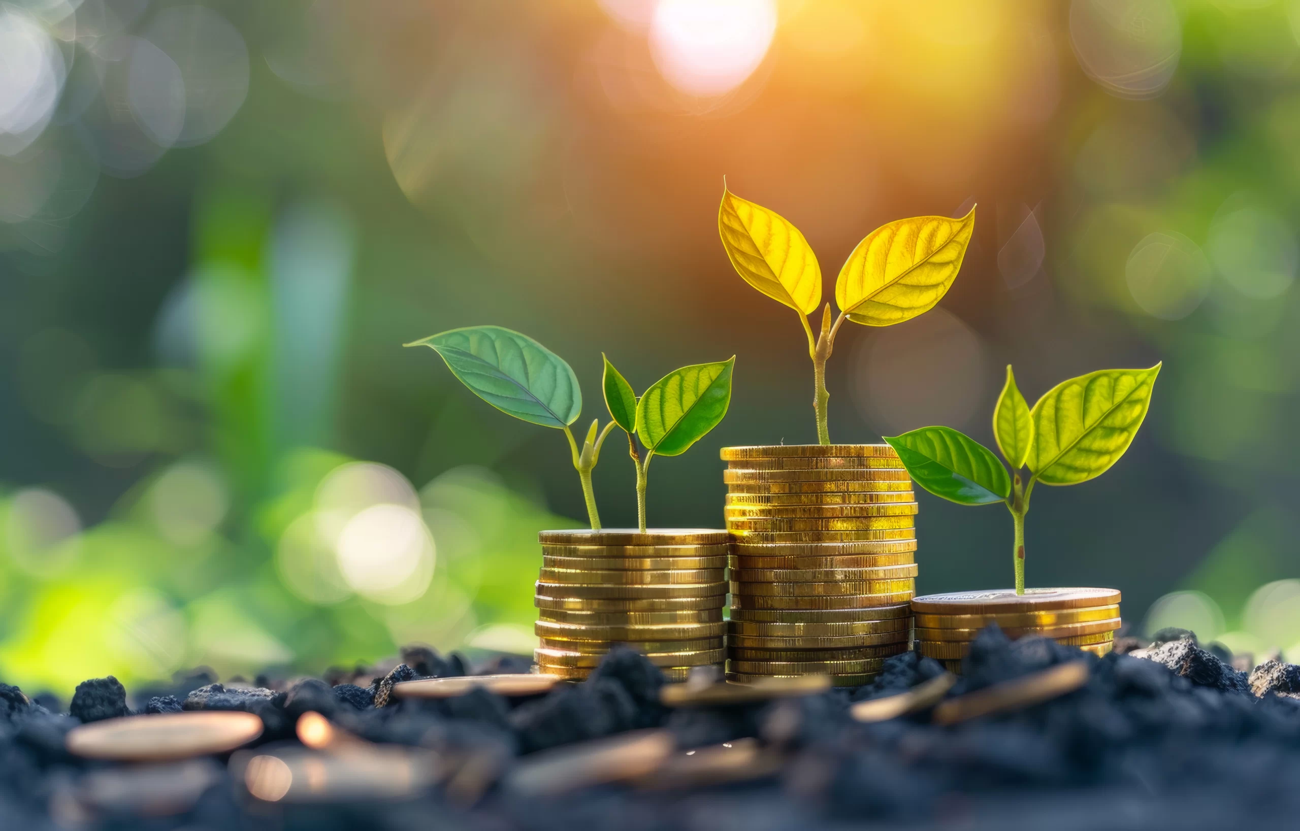 Vecteezy ai generated a stack of gold coins with green leaves growing 42337616 copy scaled